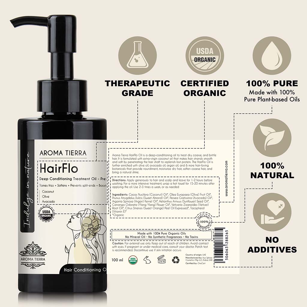 Organic HairFlo by Aroma Tierra 100% certified organic and natural, no chemicals, no filler, no mineral oil, no additives, non GMO