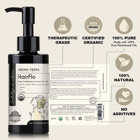 Organic HairFlo by Aroma Tierra 100% certified organic and natural, no chemicals, no filler, no mineral oil, no additives, non GMO