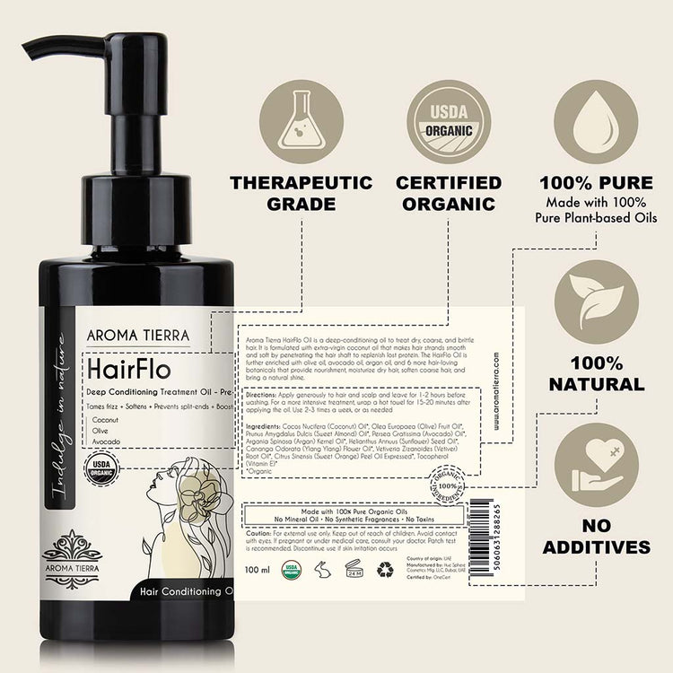 Organic HairFlo by Aroma Tierra 100% certified organic and natural, no chemicals, no filler, no mineral oil, no additives, non GMO