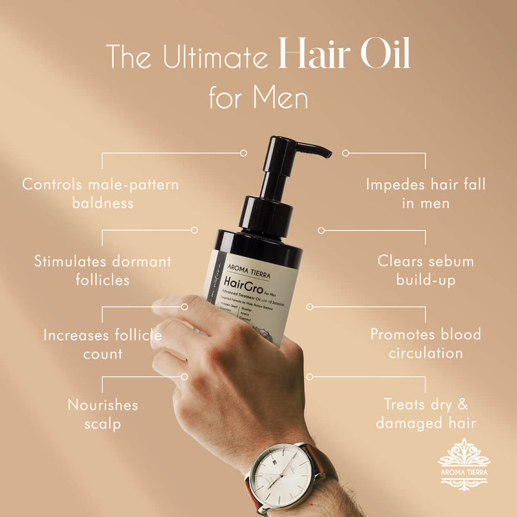 Aroma Tierra HairGro oil for men, helps balance hormones that cause hair loss, promotes hair growth.