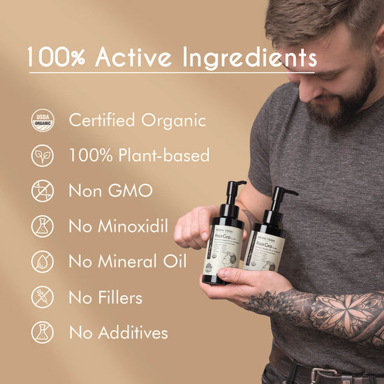 Organic HairGro by Aroma Tierra 100% certified organic and natural, no chemicals, no filler, no mineral oil, no additives, non GMO