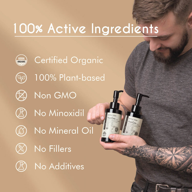 Organic HairGro by Aroma Tierra 100% certified organic and natural, no chemicals, no filler, no mineral oil, no additives, non GMO