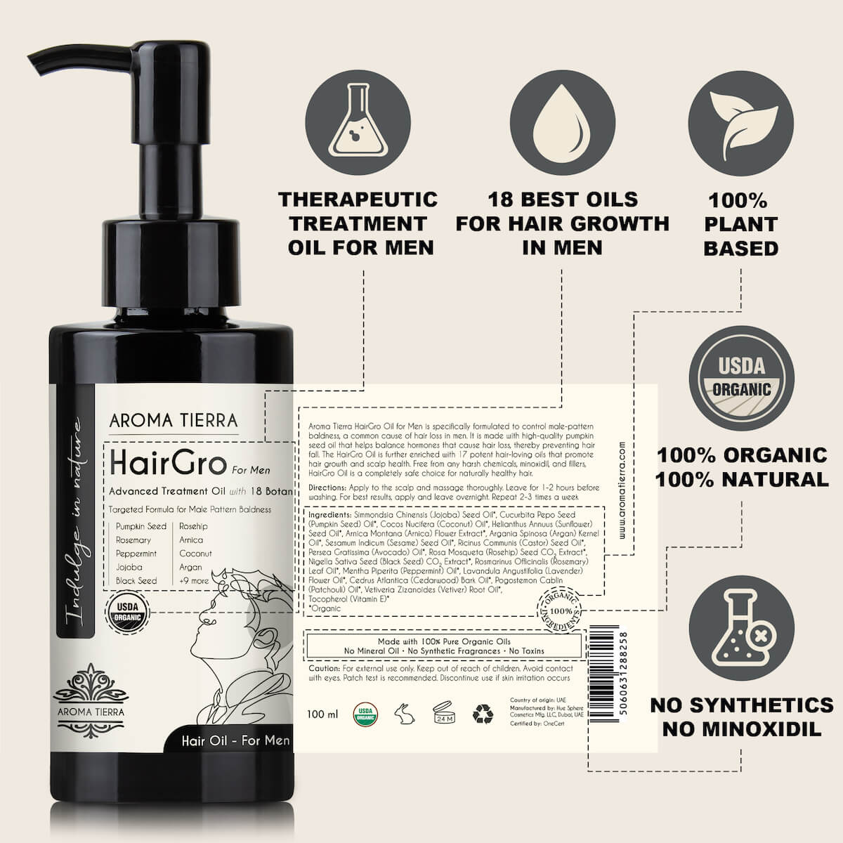 Best hair oils for men, Aroma Tierra HairGro. Boost hair growth and increasing follicle count.