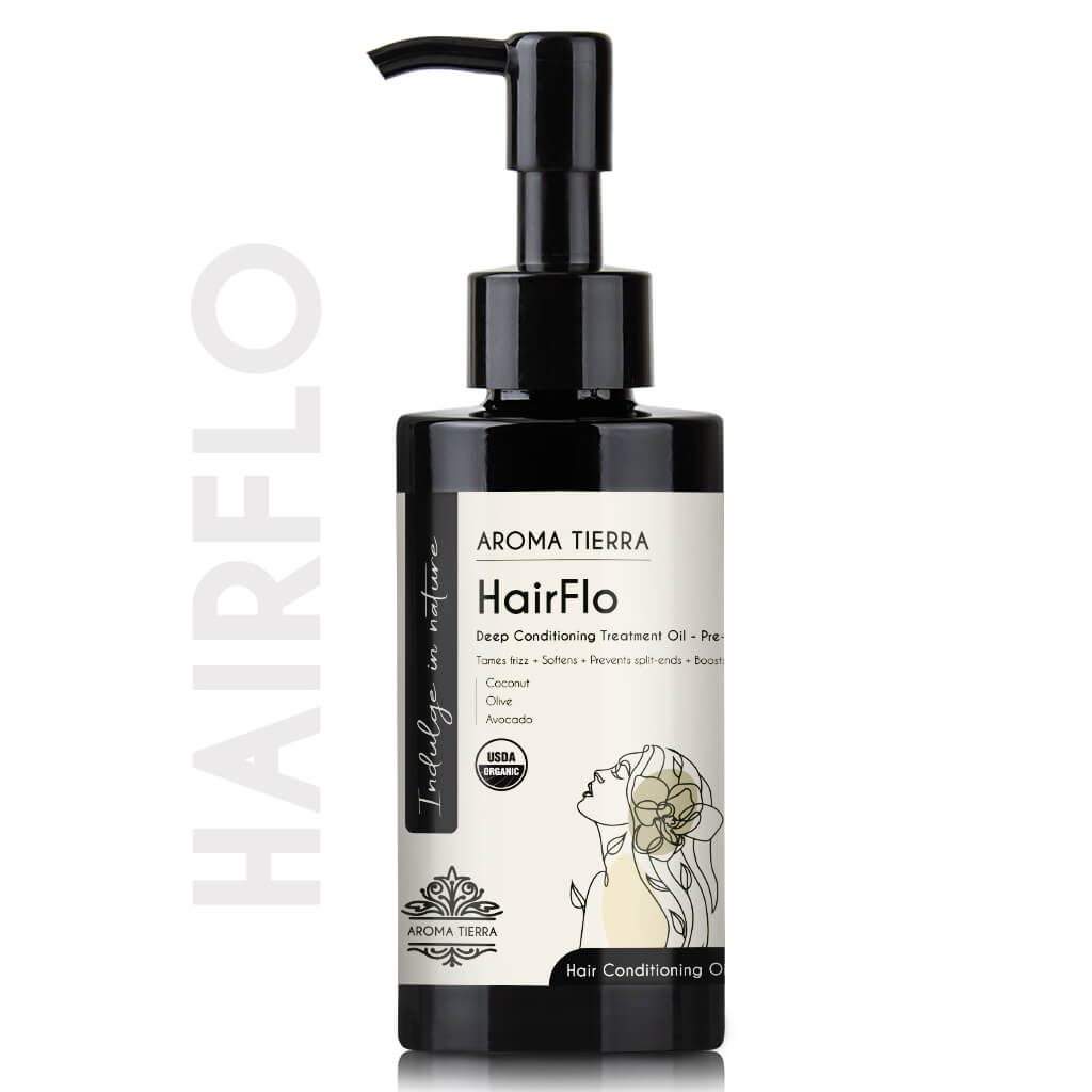 Aroma Tierra HairFlo Oil for deep conditionin oil to treat dry, frizzy, and brittle hair.