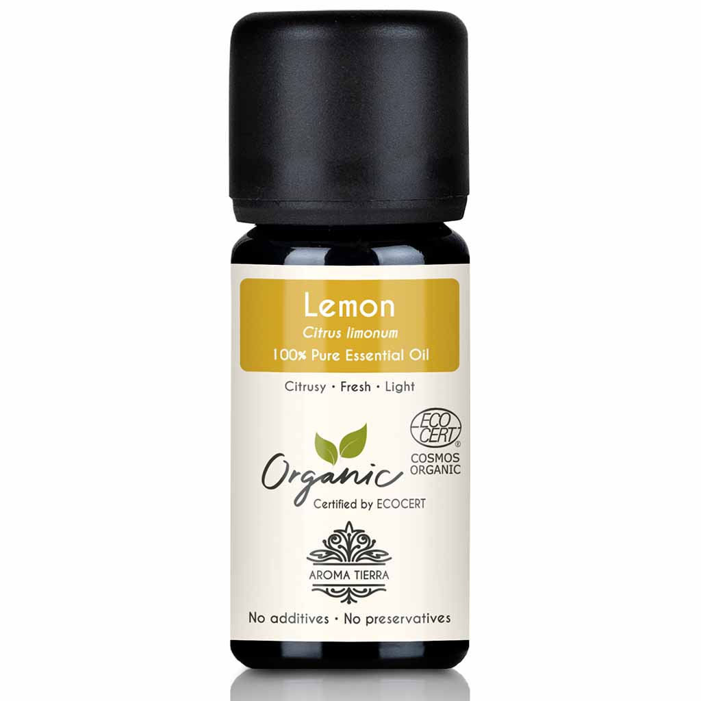 Aroma Tierra Lemon essential oil cold pressing the rind of organic Citrus limonum fruit, 10 ml.