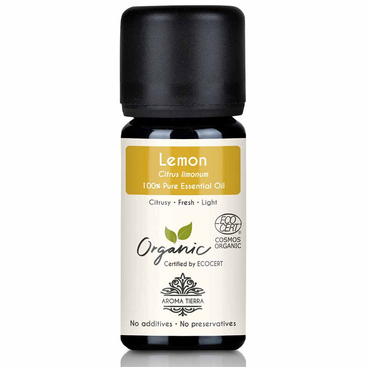 Aroma Tierra Lemon essential oil cold pressing the rind of organic Citrus limonum fruit, 10 ml.