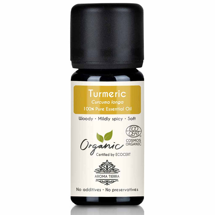 Aroma Tierra Turmeric essential oil steam distillation of roots of organic Curcuma longa, 10 ml.