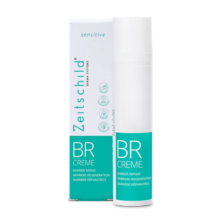 A tube of ZEITSCHILD BR Barrier Repair Crème, primarily white and green in color, labeled for sensitive skin.