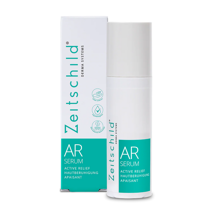 Product packaging and tube for ZEITSCHILD AR Active Relief serum, predominantly white with green accents and text.