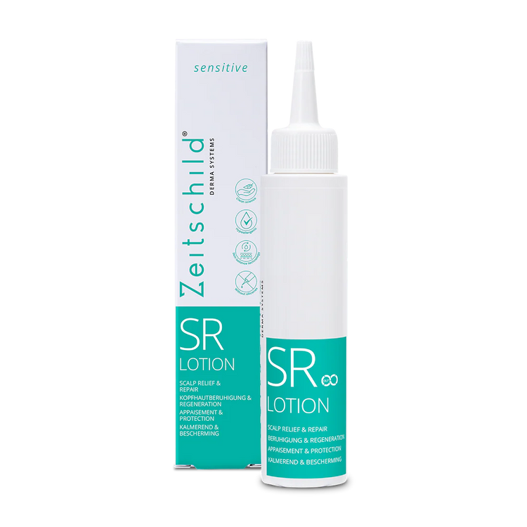 ZEITSCHILD SR Scalp Relief & Repair lotion in a white bottle with a green label, alongside its packaging box.