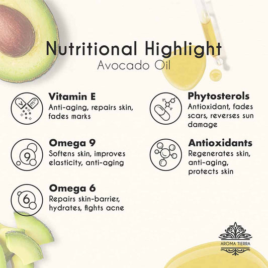 100% Certified Organic Avocado oil nutritional highlight with phytosterols and vitamin E boost collagen production.
