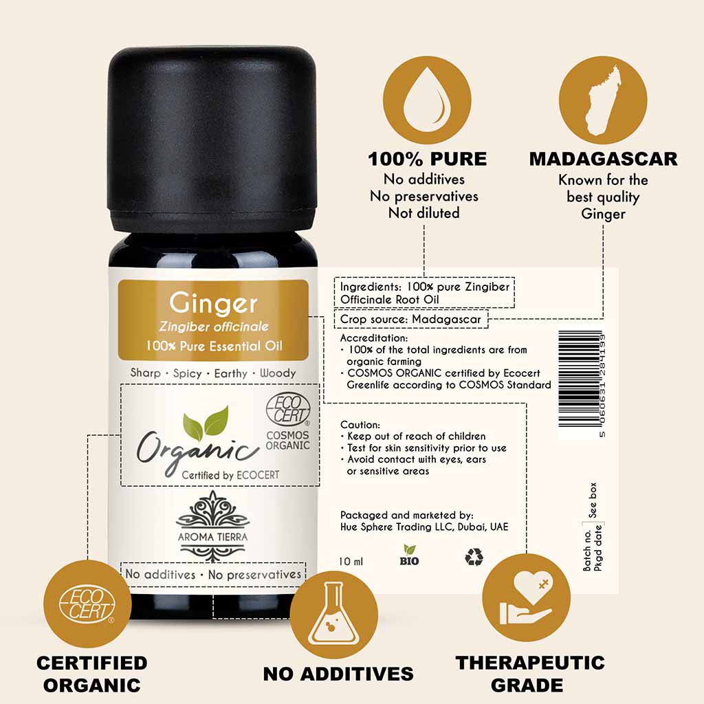 Aroma Tierra Organic Ginger essential oil from Madagascar, relieve symptoms of indigestion, bloating, gas, and nausea.