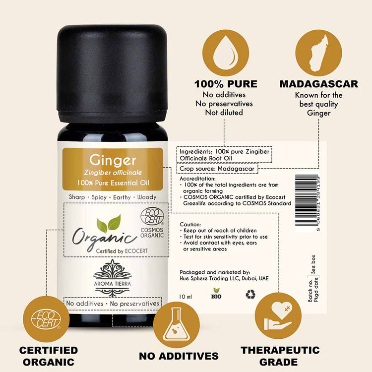 Aroma Tierra Organic Ginger essential oil from Madagascar, relieve symptoms of indigestion, bloating, gas, and nausea.