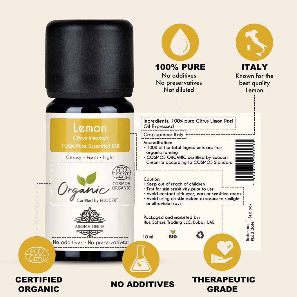 100% Certified and Pure Organic Lemon essential oil, no preservatives, no additives, undiluted, no solvent, no synthetic fragrance , therapeutic grade.
