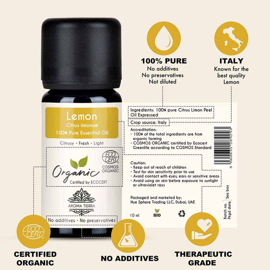 100% Certified and Pure Organic Lemon essential oil, no preservatives, no additives, undiluted, no solvent, no synthetic fragrance , therapeutic grade.