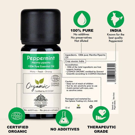 100% Certified Organic Peppermint essential oil, no preservatives, no additives, undiluted .