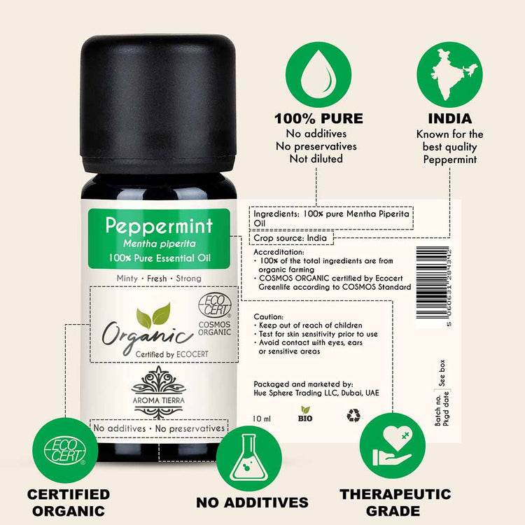 100% Certified Organic Peppermint essential oil, no preservatives, no additives, undiluted .