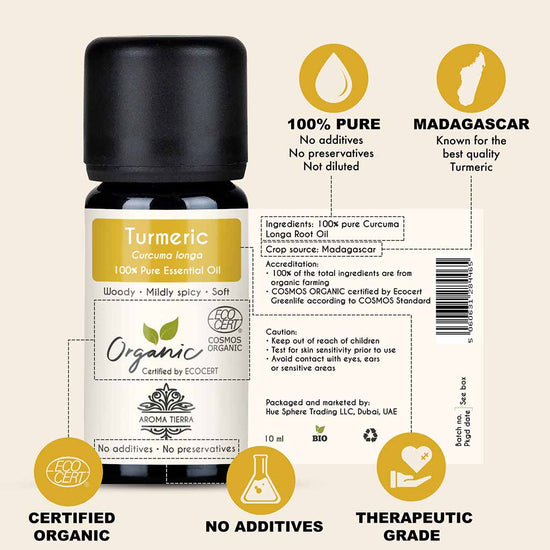 100% Certified and Pure Organic Turmeric essential oil, no preservatives, no additives, undiluted, no solvent, no synthetic fragrance