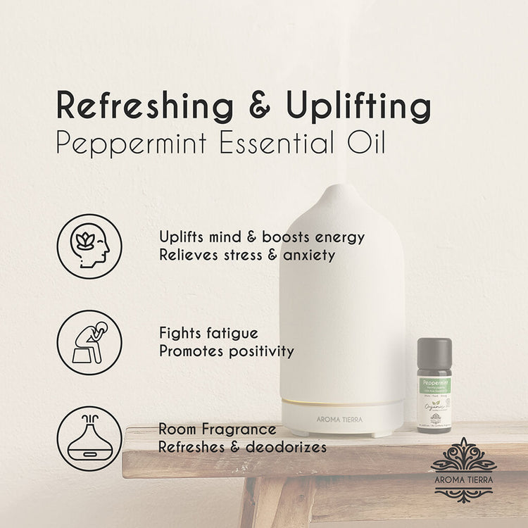 Aroma Tierra Organic Peppermint essential oil from India refreshing and uplifting.