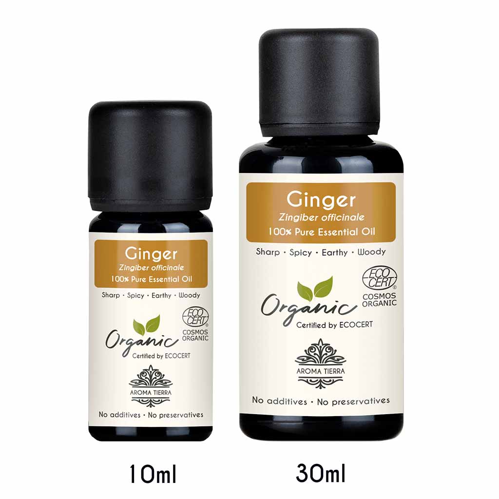 Aroma Tierra Organic Ginger essential oil steam distillation of Zingiber officinales rhizomes. .