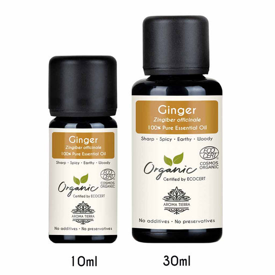 Aroma Tierra Organic Ginger essential oil steam distillation of Zingiber officinales rhizomes. .