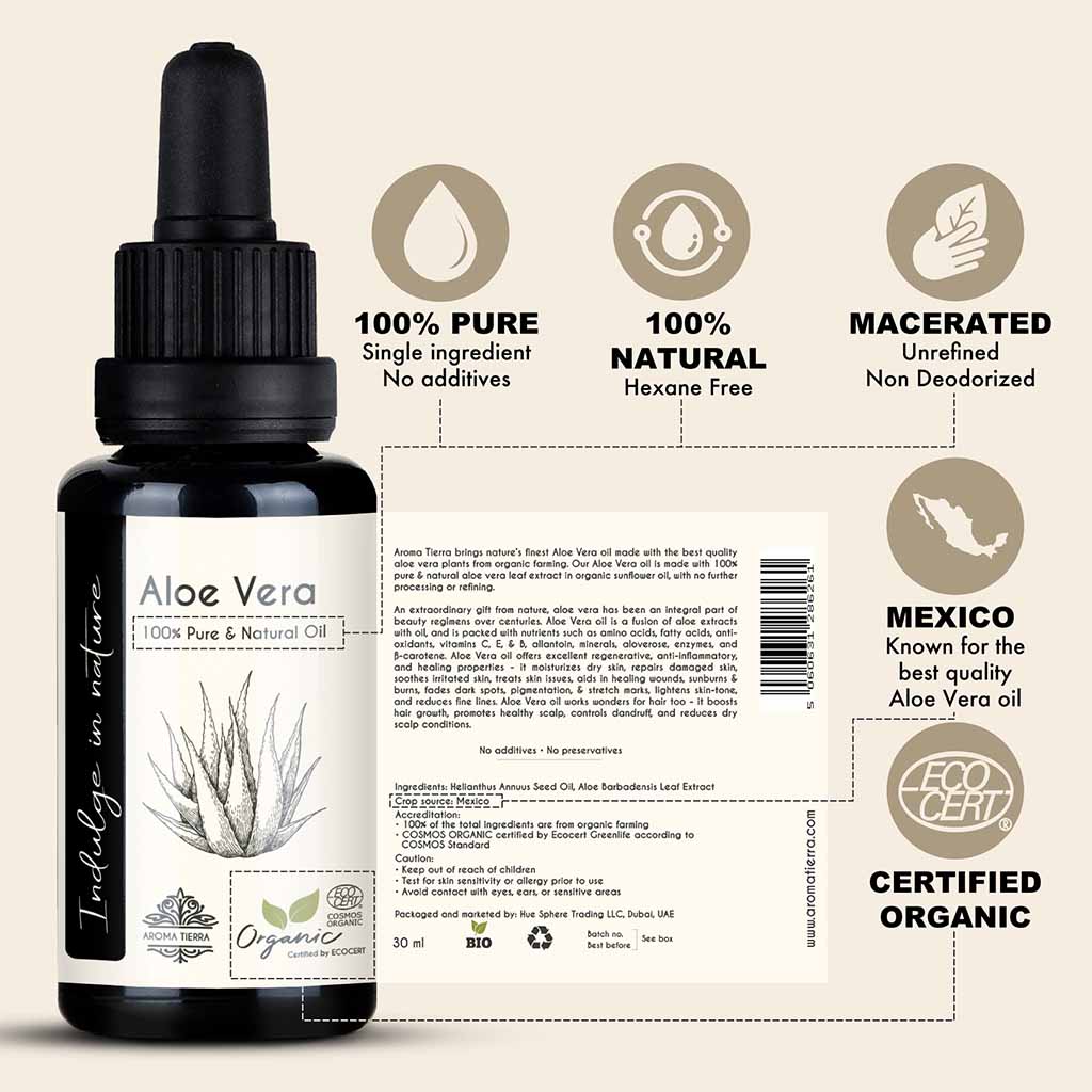 100% Pure Organic Aloe Vera Oil delays hair greying and promotes hair growth.