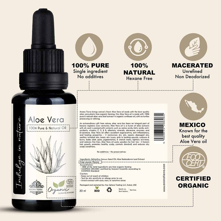 100% Pure Organic Aloe Vera Oil delays hair greying and promotes hair growth.