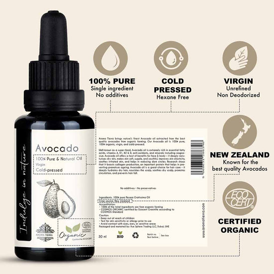 100% Pure Natural Organic Avocado Oil from from New Zealand cold pressed, no hexane and unrefined.