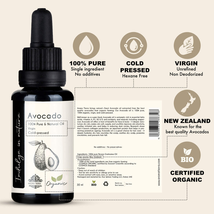 Organic Avocado Oil - 100% Pure Cold Pressed Unrefined