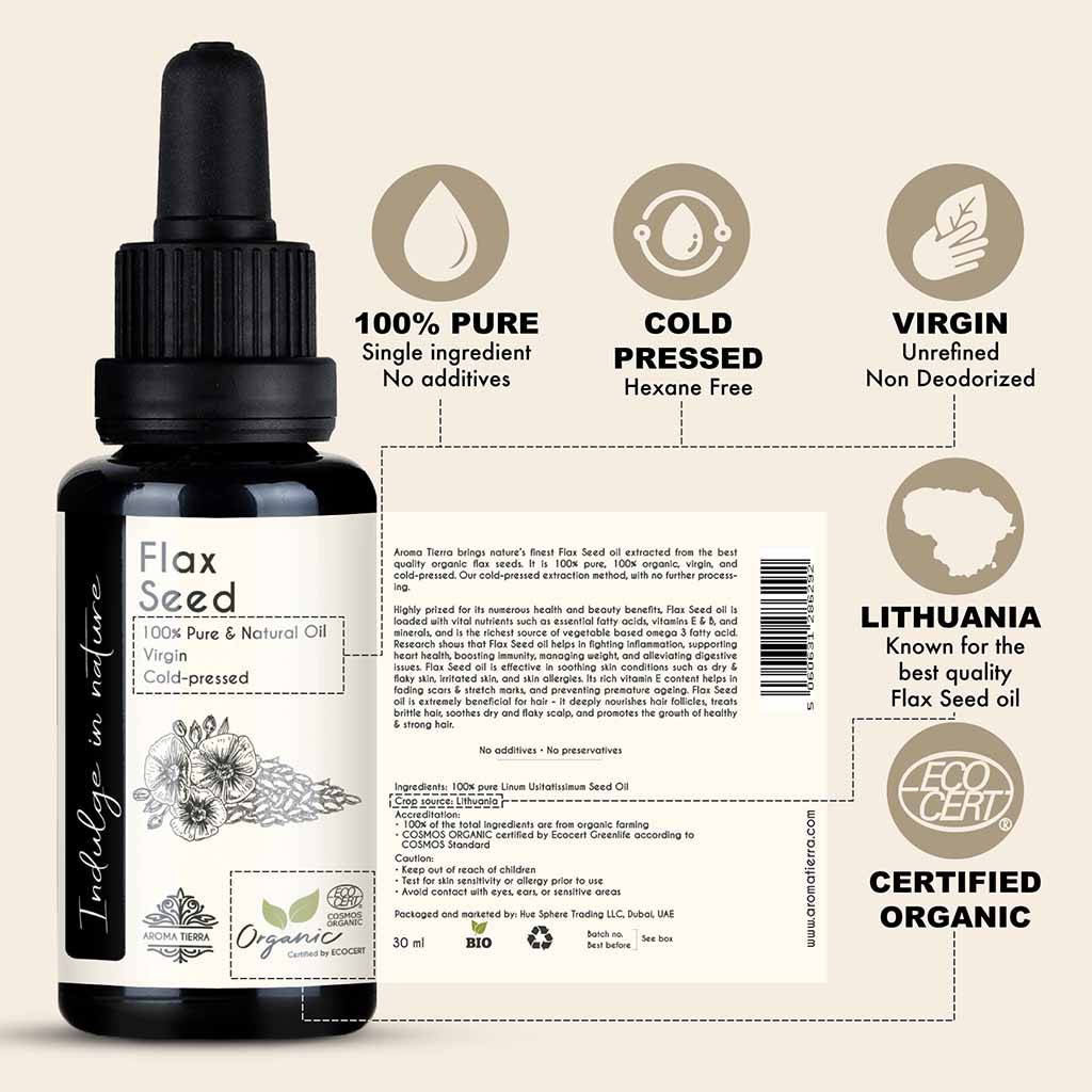 COSMO Certified Organic Flax Seed oil  from Lithuania, cold pressed, no hexane free and unrefined.