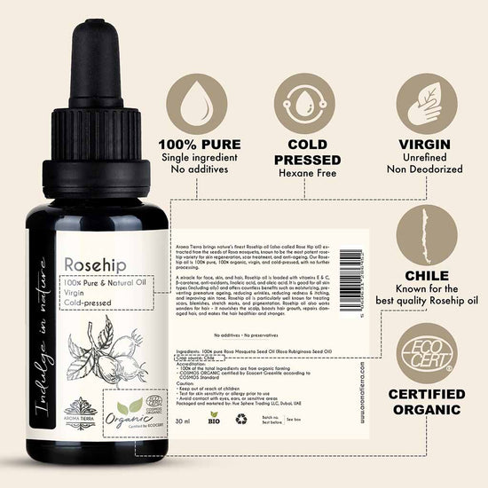 Aroma Tierra 100% pure Rosehip oil unrefined with no additives, no hexane and undiluted.