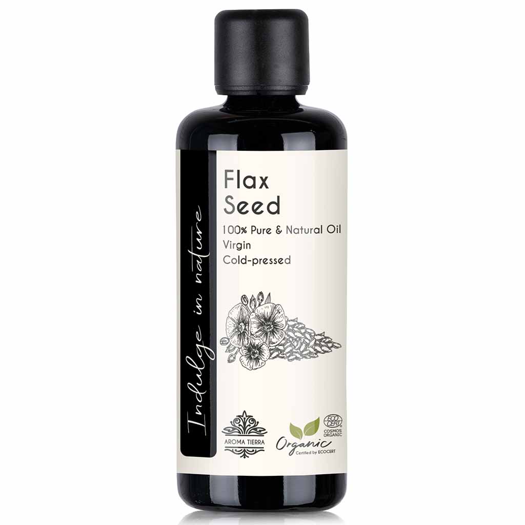 Aroma Tierra Organic Flax Seed Oil with high level of vitamin E, promotes new hair growth and fights hair loss, 100 ml.
