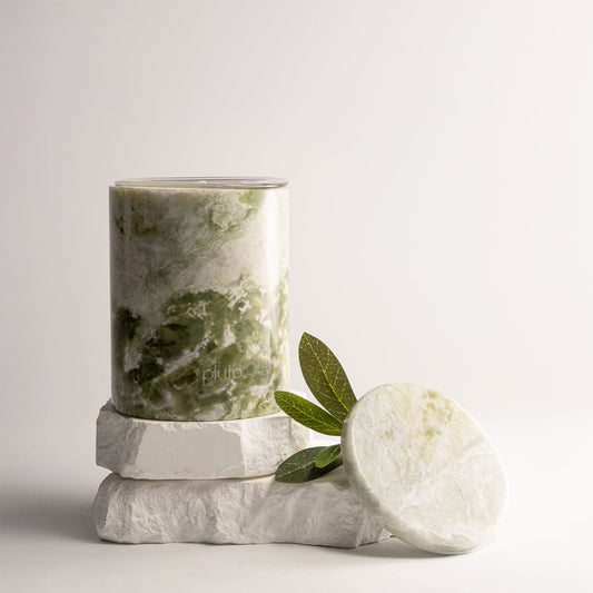Emerald green marble jar with refillable soy wax candles, nontoxic and sustainable home decor