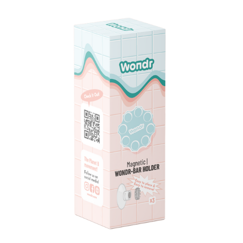 A product packaging box for WONDR 3 X MAGNETIC BAR HOLDER with a graphic of a white bar holder and suction cup, and the brand name 'Wondr' at the top.