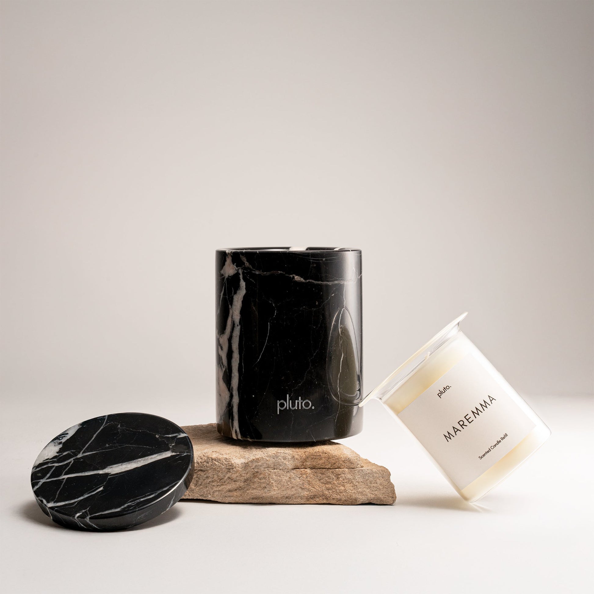 Black Marquina marble candle jar with refillable candle insert, home decor statement