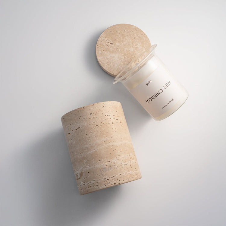 Travertine marble candle jars with refillable soy wax candle, hanpoured and made in dubai