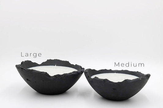 Minimalistic style concrete bowl candles made from soy wax, non toxic, sustainable and poured in Dubai