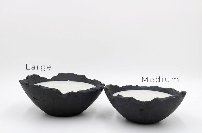 Minimalistic style concrete bowl candles made from soy wax, non toxic, sustainable and poured in Dubai