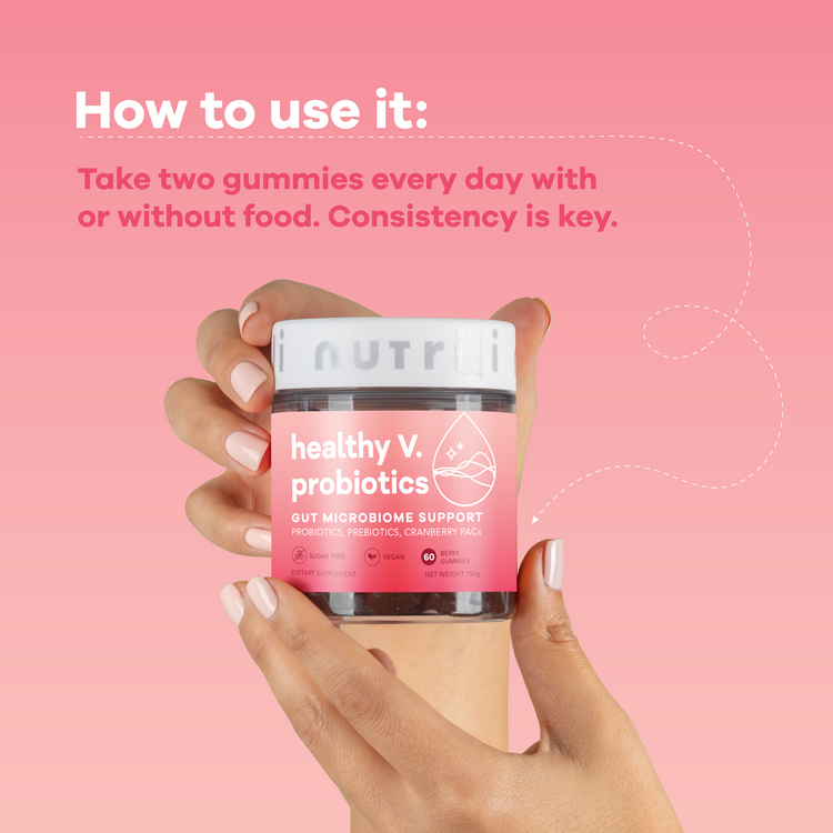 Women’s health probiotic capsules on a white background