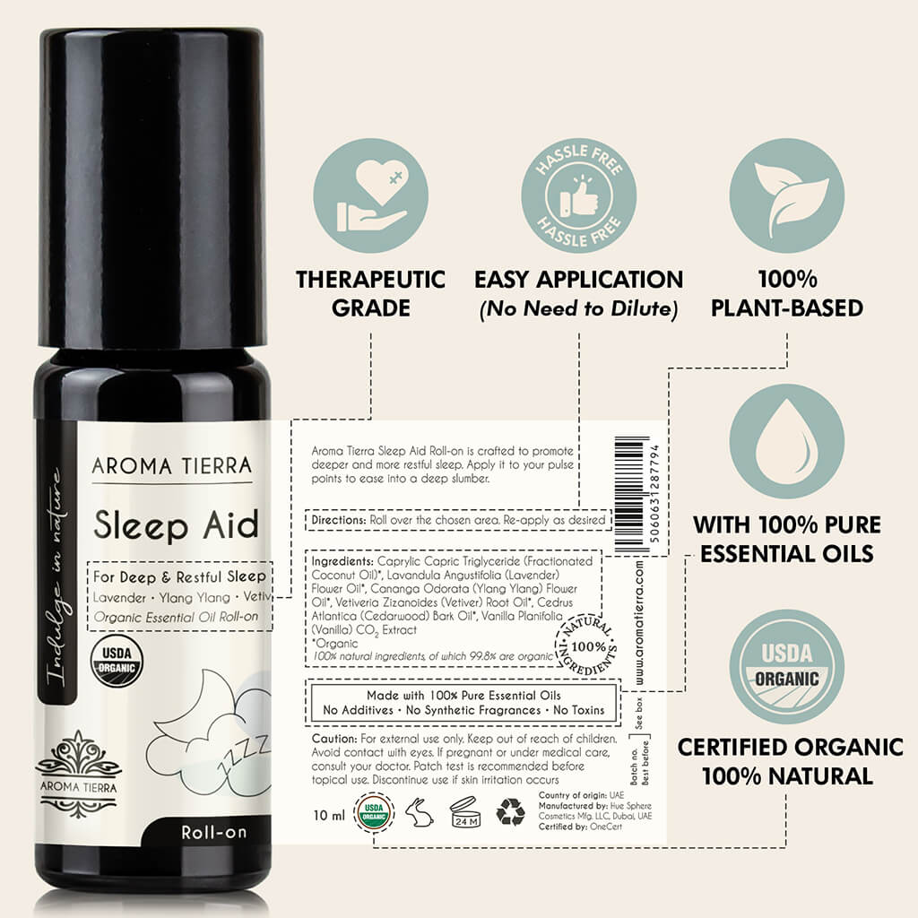 Aroma Tierra Sleep Aid Roll-on essential oil blend, therapeutic grade, no solvent, 100% plant based.