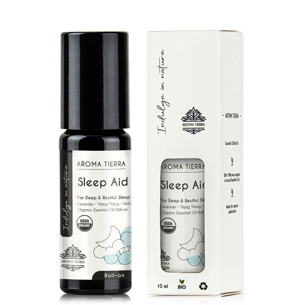 Aroma Tierra Sleep Aid Roll-on essential Oil with organic lavender, ylang ylang and vetiver .