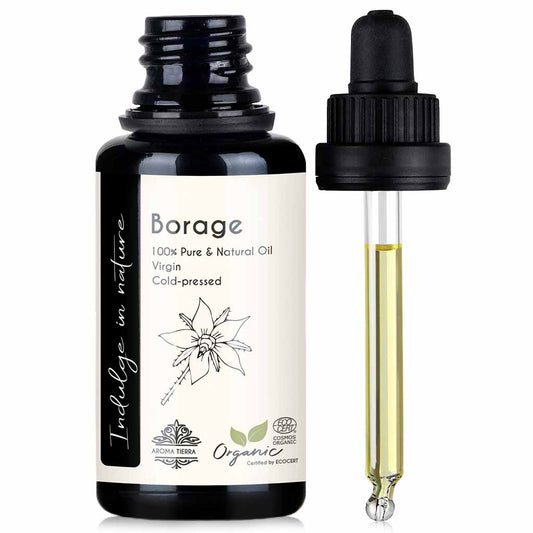 Aroma Tierra 100% Certified Organic Borage rich in omega 6, thicker and fuller hair, improve blood circulation to the scalp, 30 ml.