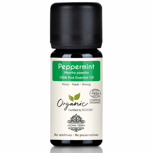 Aroma Tierra Organic Peppermint essential oil steam distillation of leaves of organic Peppermint (Mentha piperita) plant. Food grade, used for baking, cooking, 10 ml.