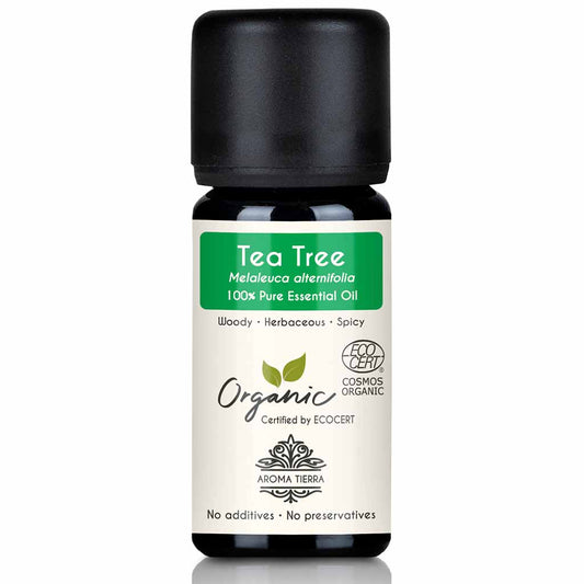 Aroma Tierra Organic Tea Tree essential oil Steam distillation of organic Melaleuca alternifolia leaves, 10 ml.
