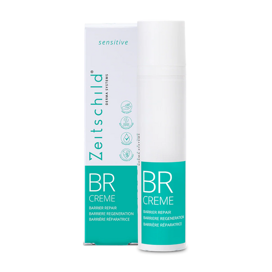 A tube of ZEITSCHILD BR Barrier Repair Crème, primarily white and green in color, labeled for sensitive skin.