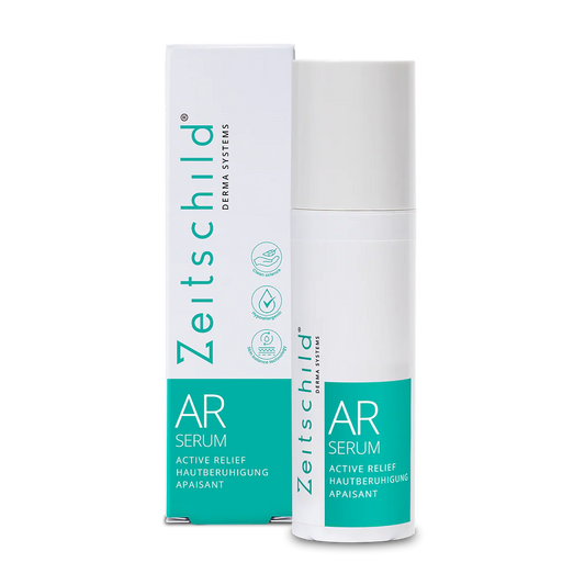 Product packaging and tube for ZEITSCHILD AR Active Relief serum, predominantly white with green accents and text.