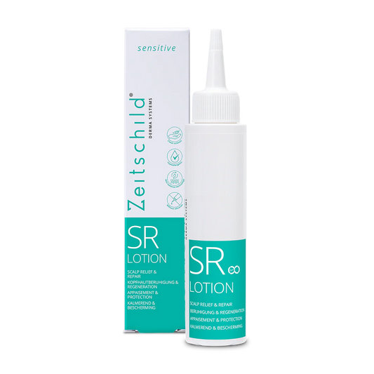 ZEITSCHILD SR Scalp Relief & Repair lotion in a white bottle with a green label, alongside its packaging box.