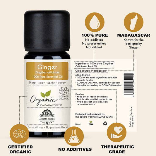 Aroma Tierra Organic Ginger essential oil from Madagascar, relieve symptoms of indigestion, bloating, gas, and nausea.