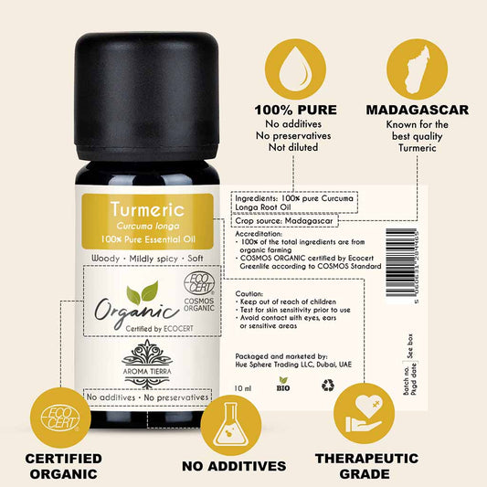 100% Certified and Pure Organic Turmeric essential oil, no preservatives, no additives, undiluted, no solvent, no synthetic fragrance