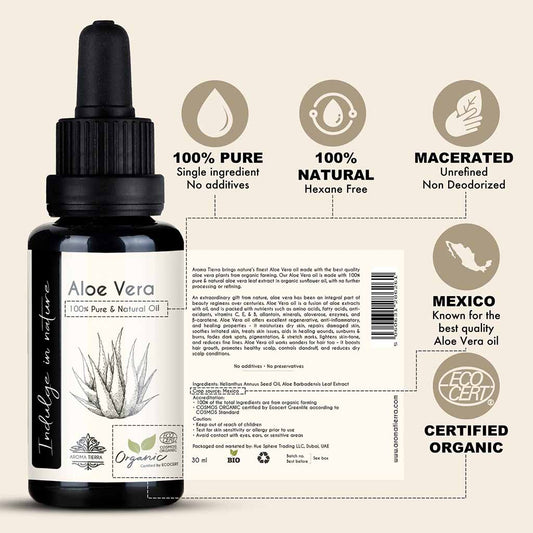 100% Pure Organic Aloe Vera Oil delays hair greying and promotes hair growth.